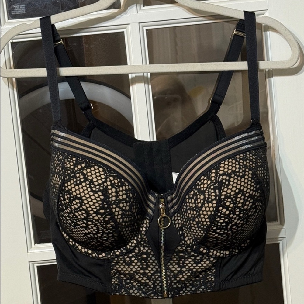 CACIQUE Lane Bryant Zip-Front Longline Boost Balconette Bra Black Nude Size 44C